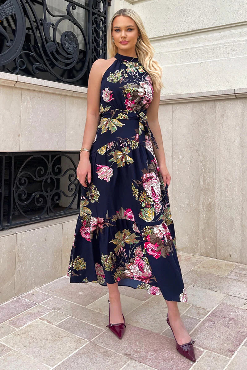 AX Paris navy floral printed tie belt midi dress sizes 8-16