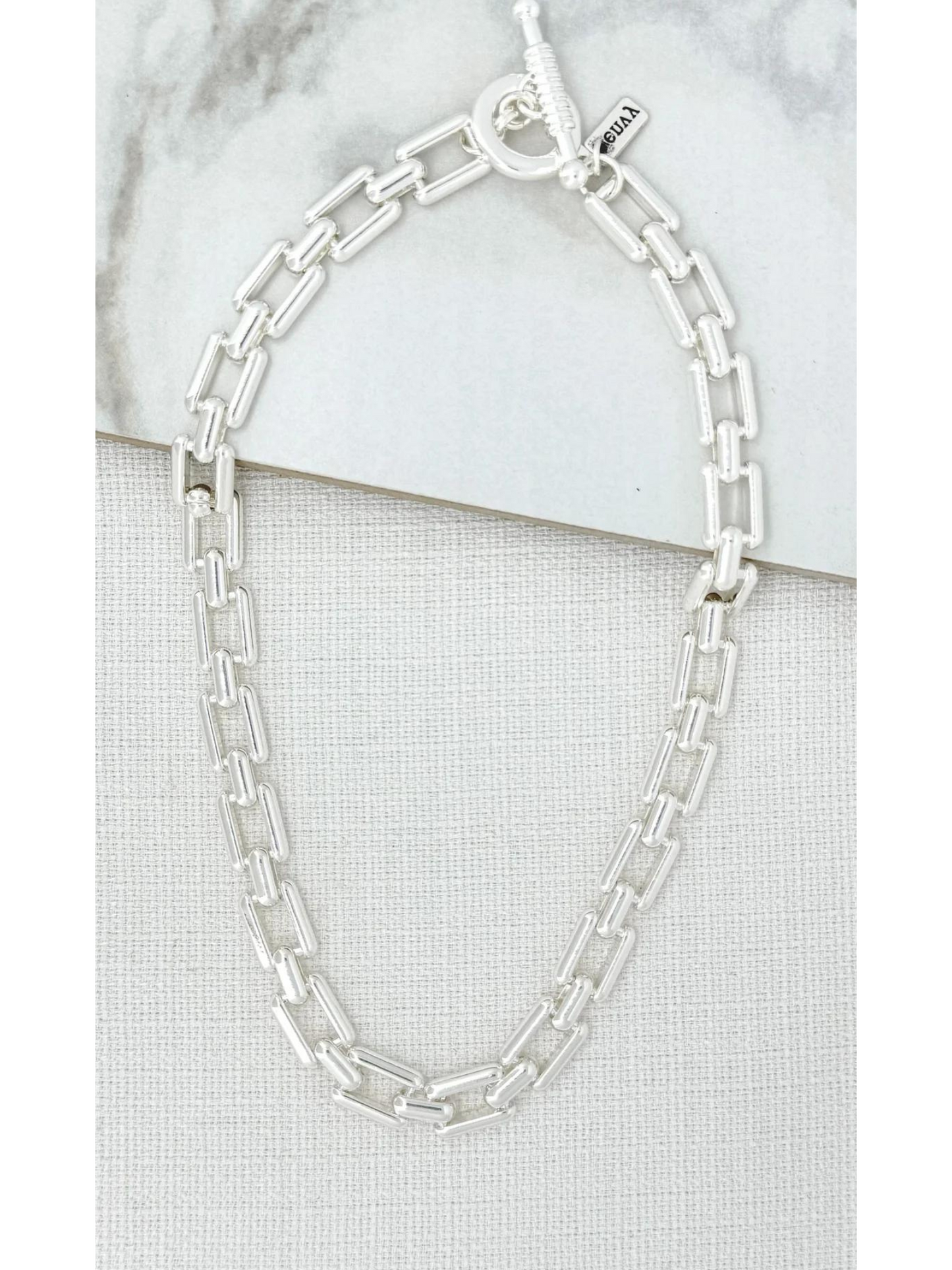 Envy short silver square link T-bar necklace