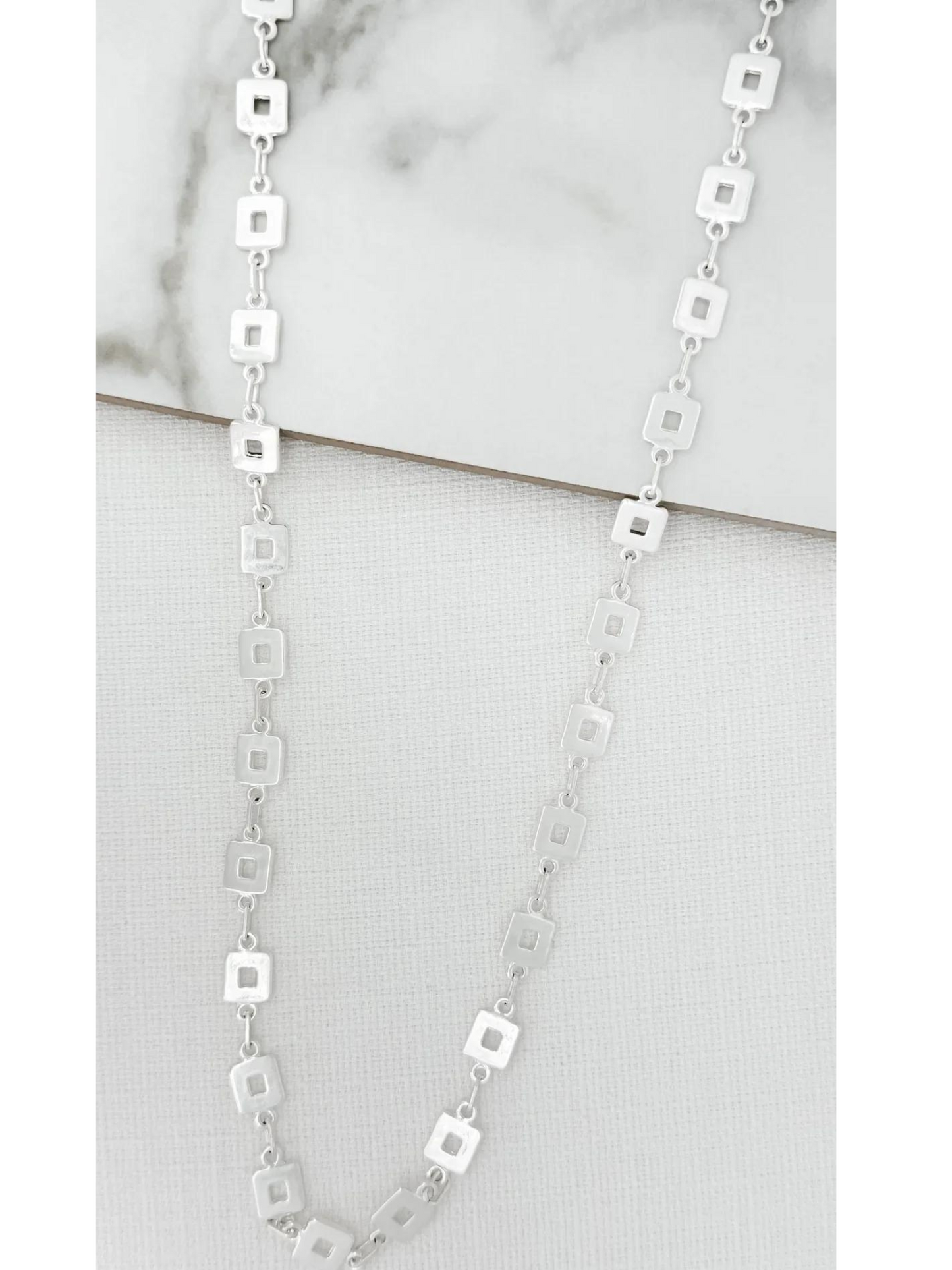 Envy long silver necklace with small square links