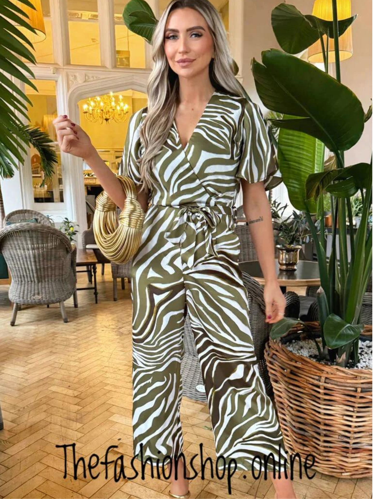 AX Paris Olive print tie waist jumpsuit sizes 8-16