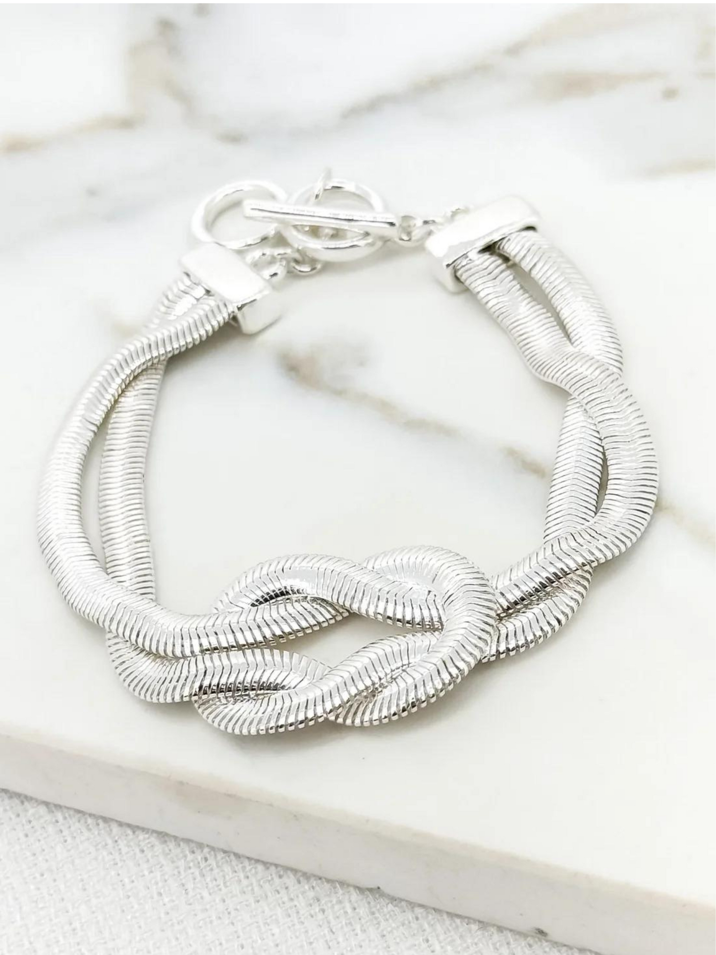 Silver snake chain T-bar bracelet with knot detail