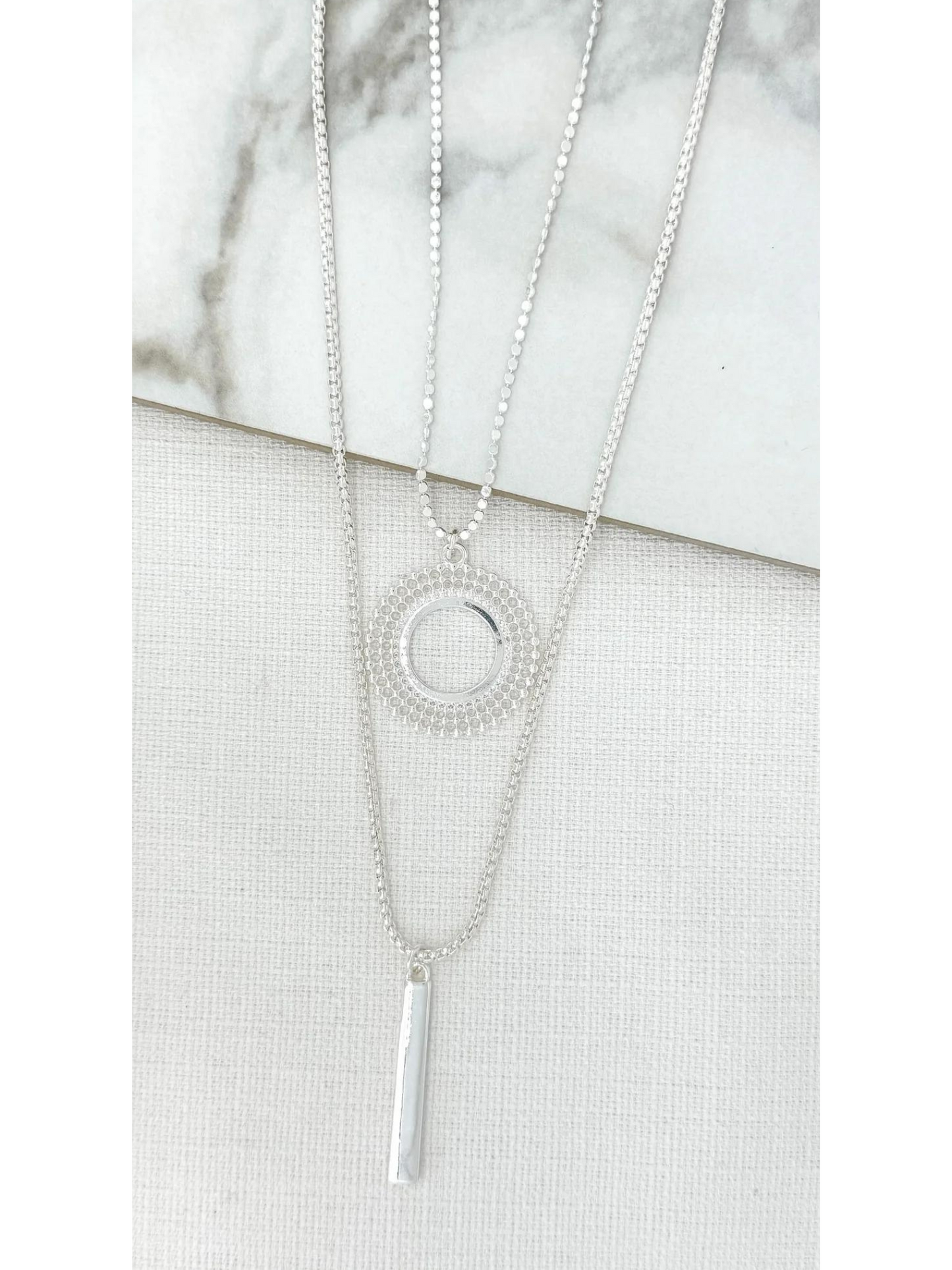 Envy double layer silver necklace with circle and bar pendants