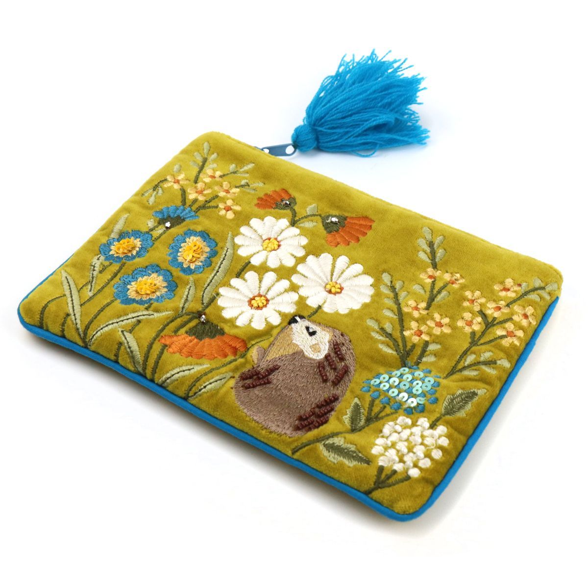 Pom mustard velvet hedgehog wildflowers cosmetic purse