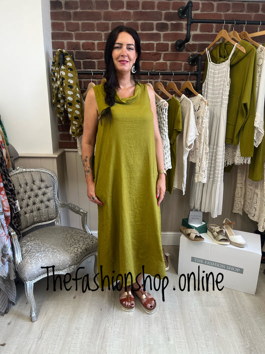 Olive linen mix roll neck dress 8-14