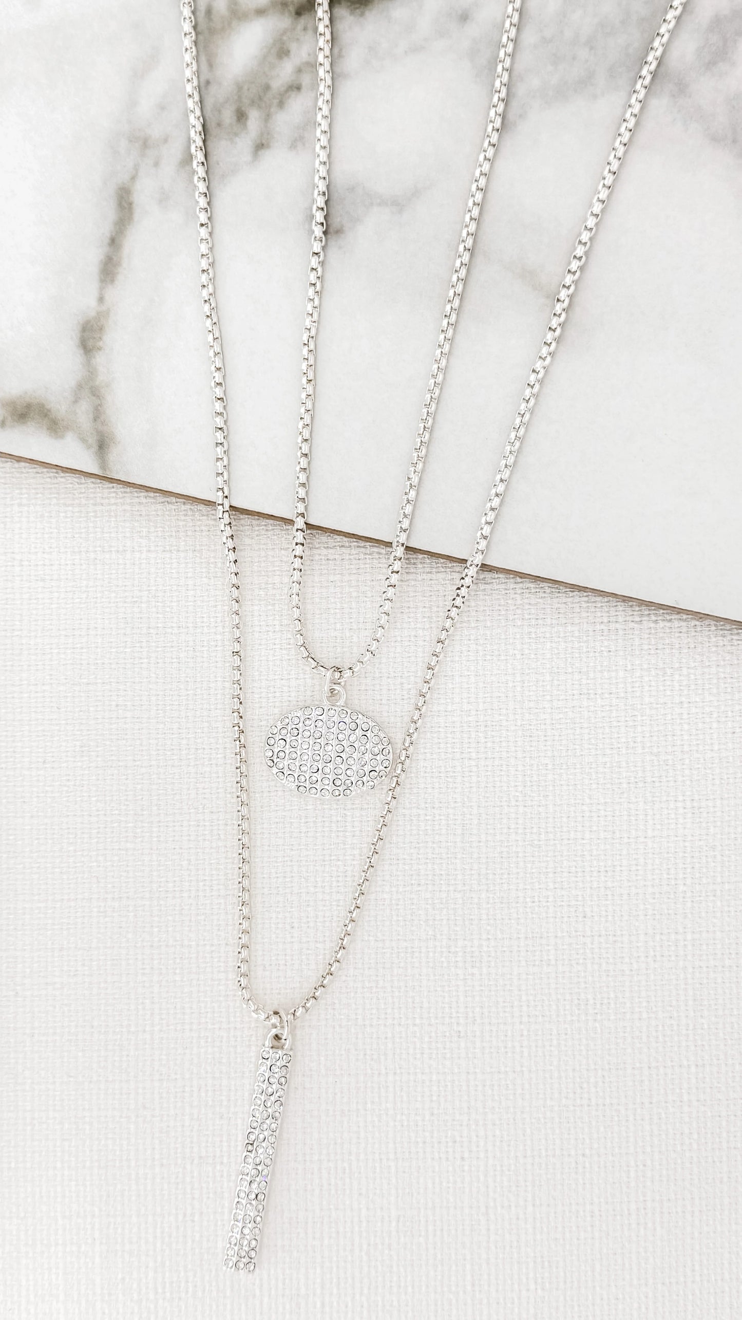 Envy silver double layer necklace with diamante pendants