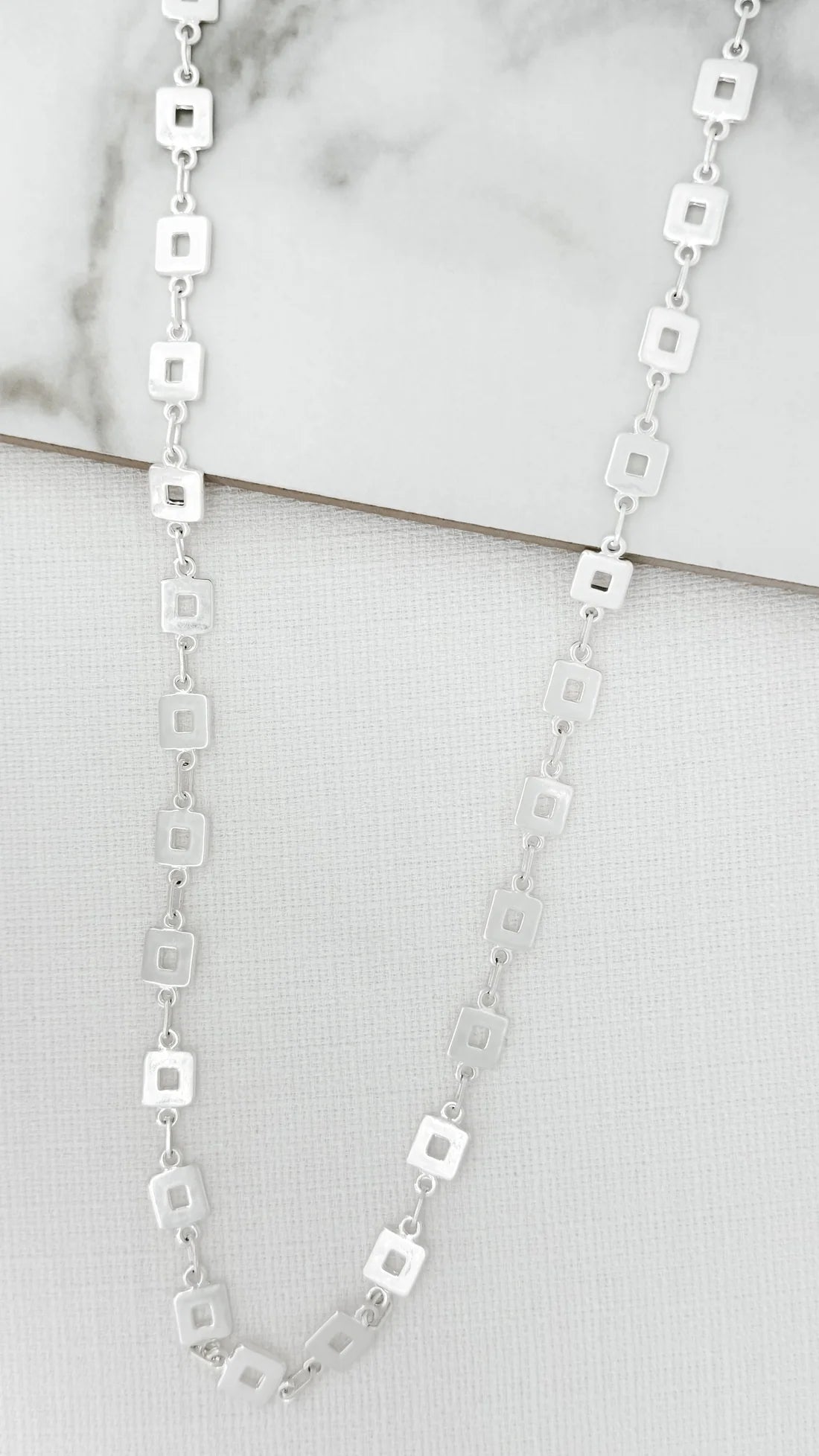 Envy long silver necklace with small square links