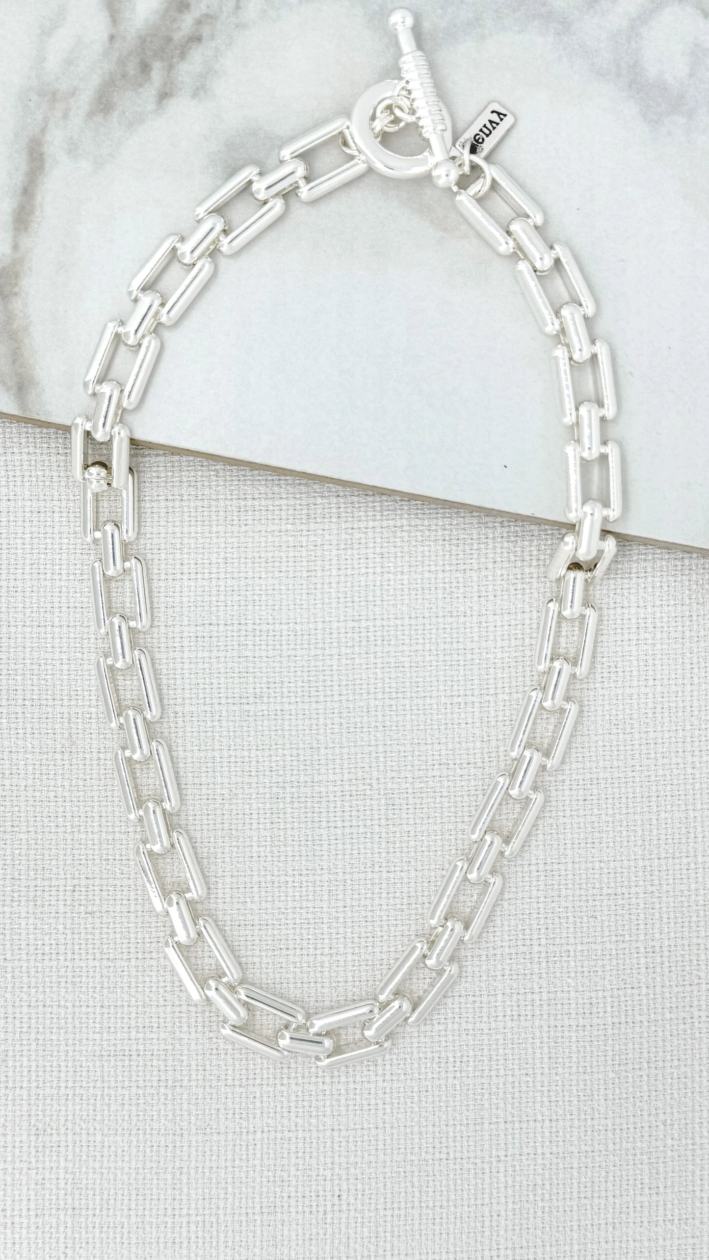 Envy short silver square link T-bar necklace