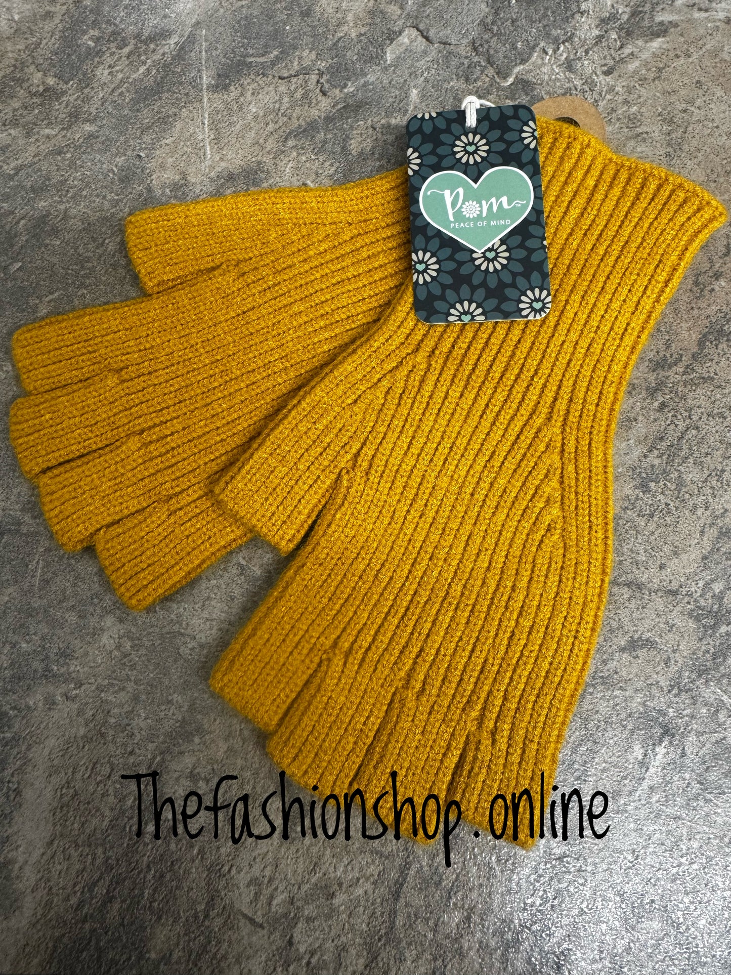 Pom mustard ribbed fingerless gloves