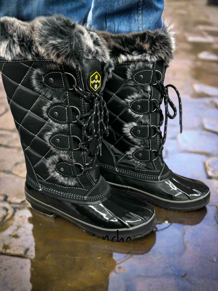 Black quilted faux fur rain boot sizes 4-8