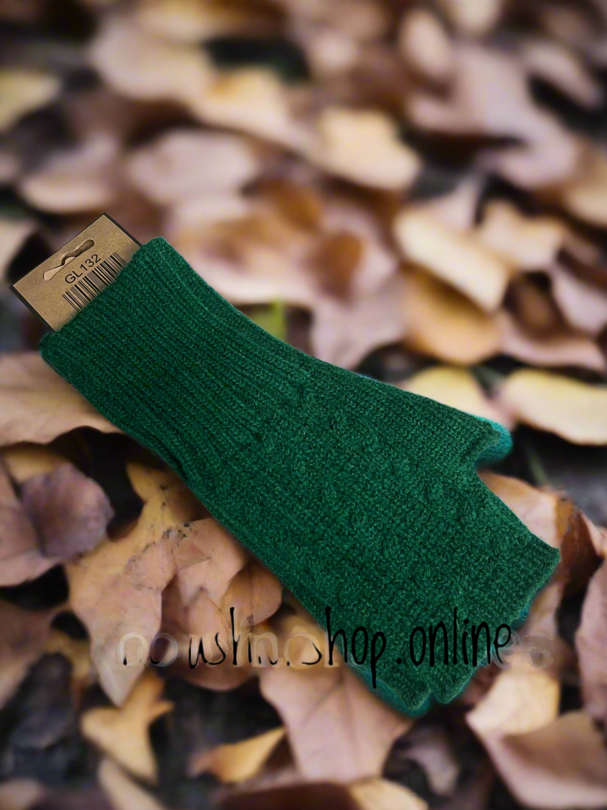 Green fine cable knit fingerless gloves