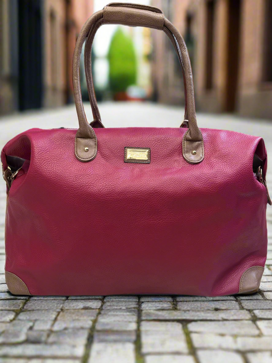 Raspberry and Tan Weekend Holdall