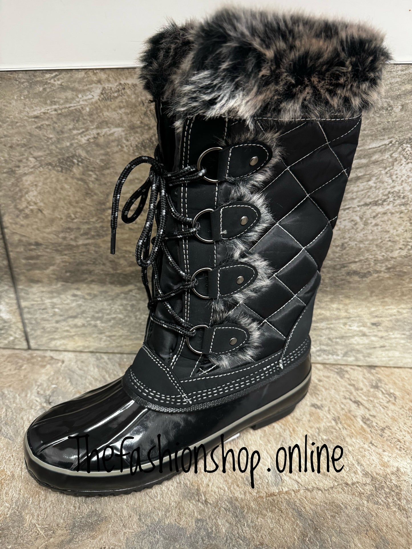 Black quilted faux fur rain boot sizes 4-8