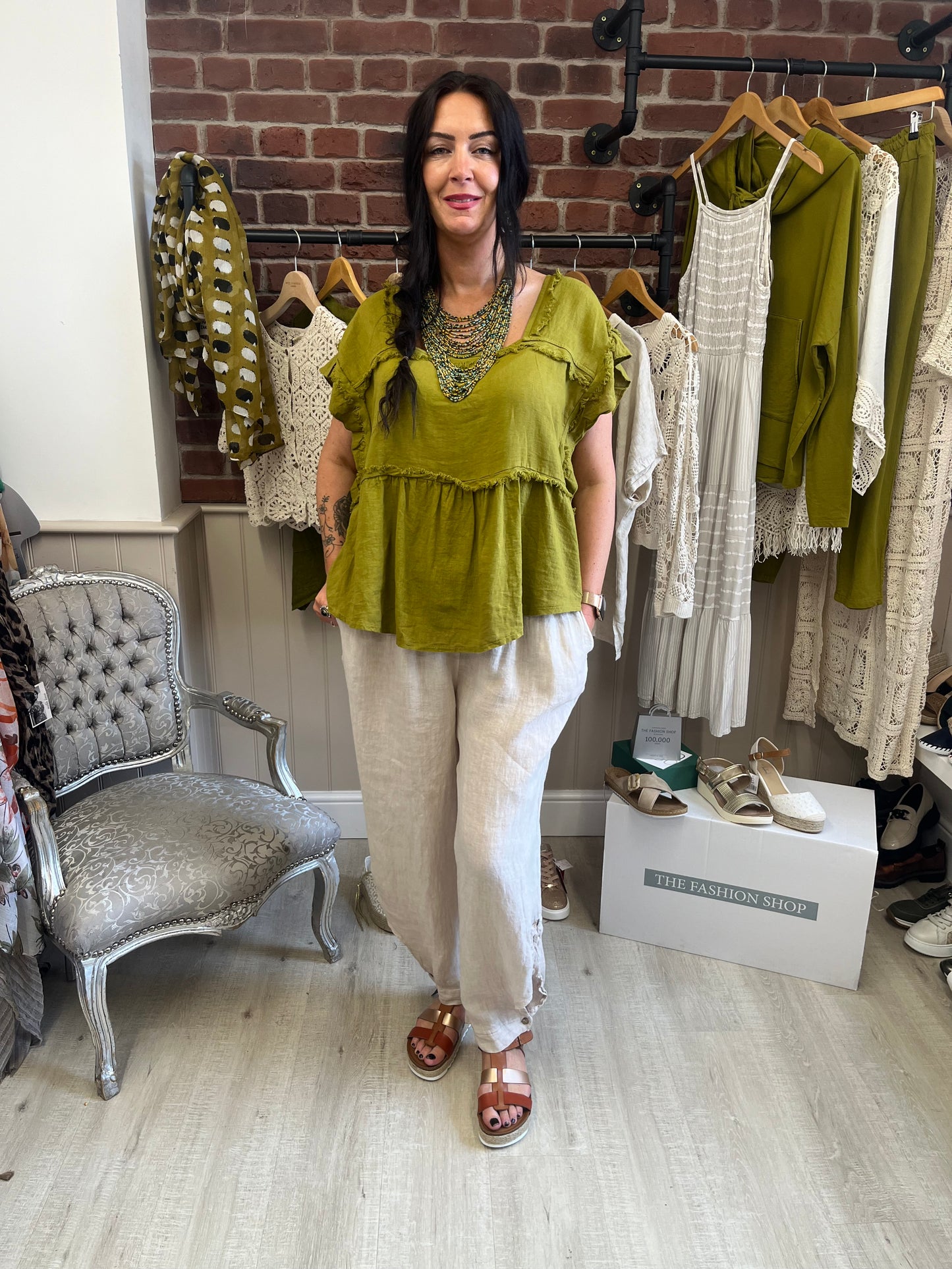 Olive square neck linen mix top 12-16