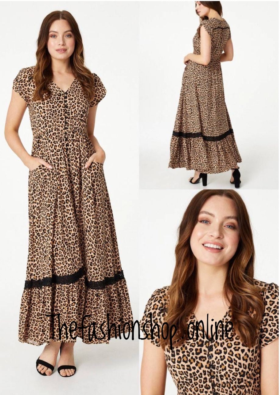 Stella Morgan leopard print maxi dress  with lace detail sizes 10,12,14,16,18