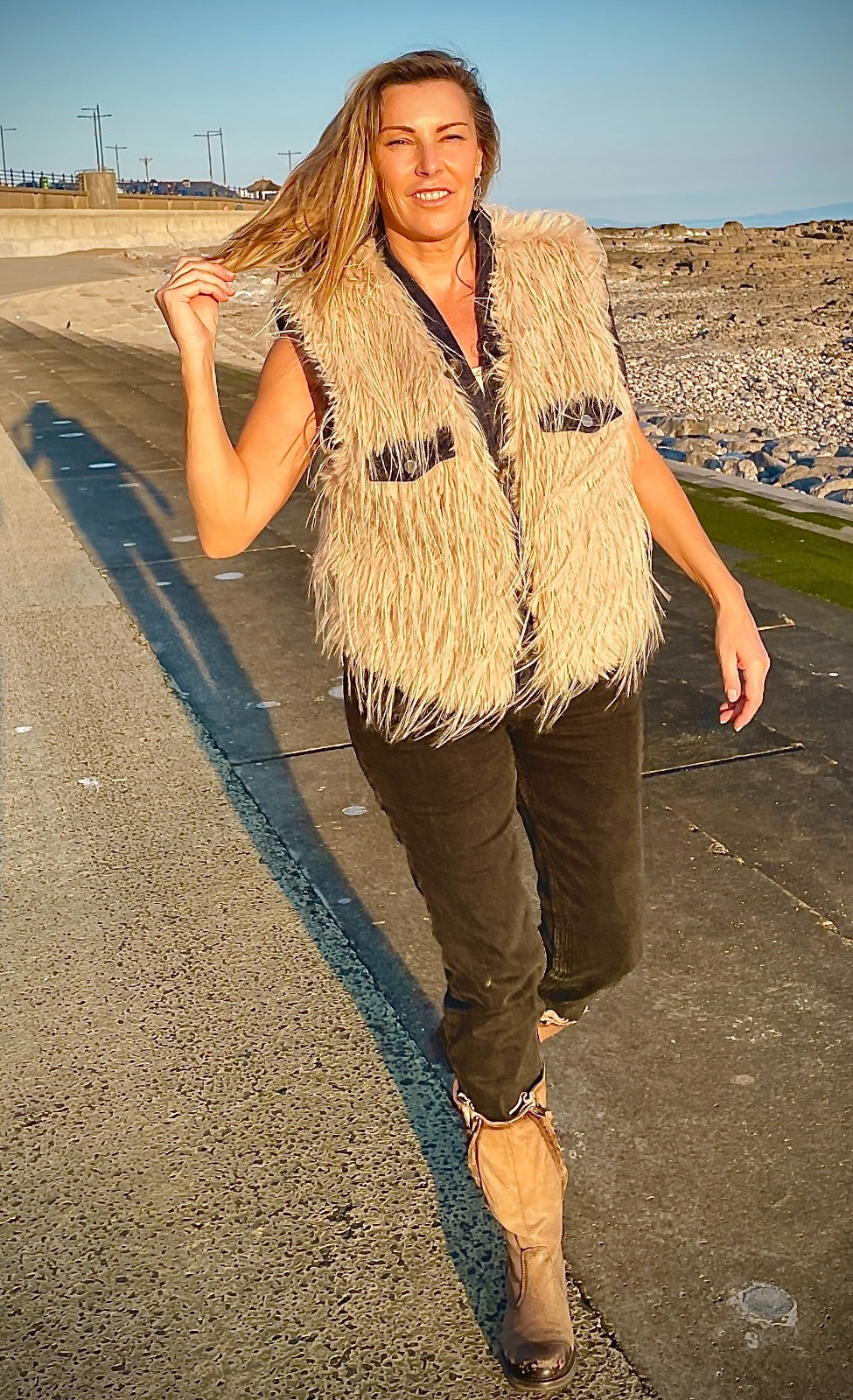 Sarah Tempest shaggy gilet with denim detail 8-14