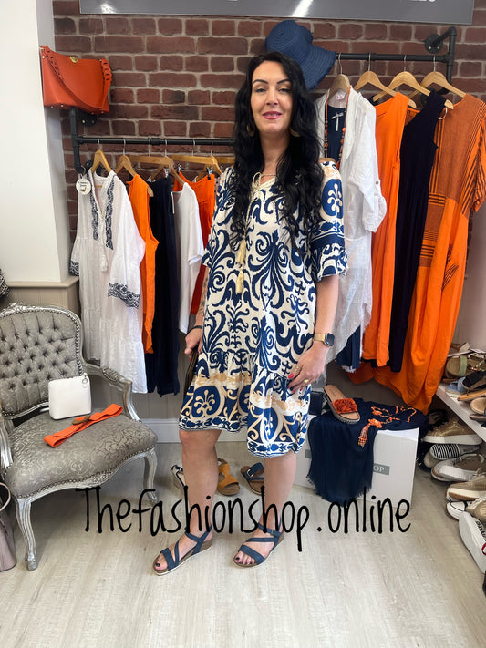 Navy and cream gypsy dress with border print 12-18