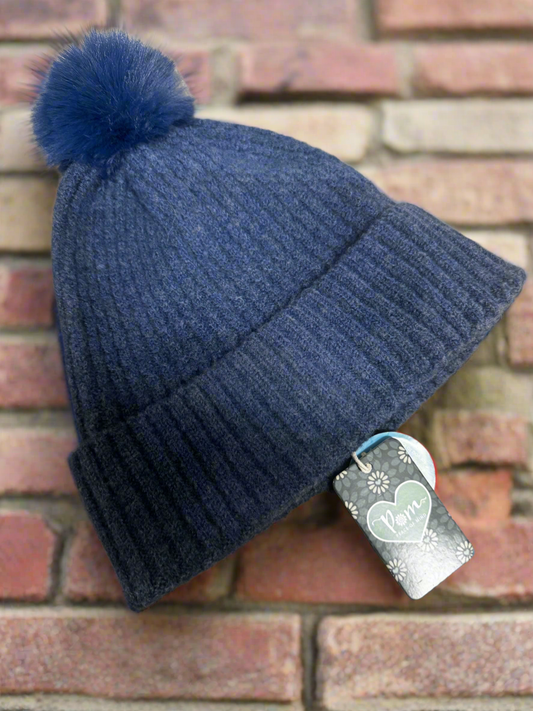 Pom dark denim yarn faux fur pompom hat