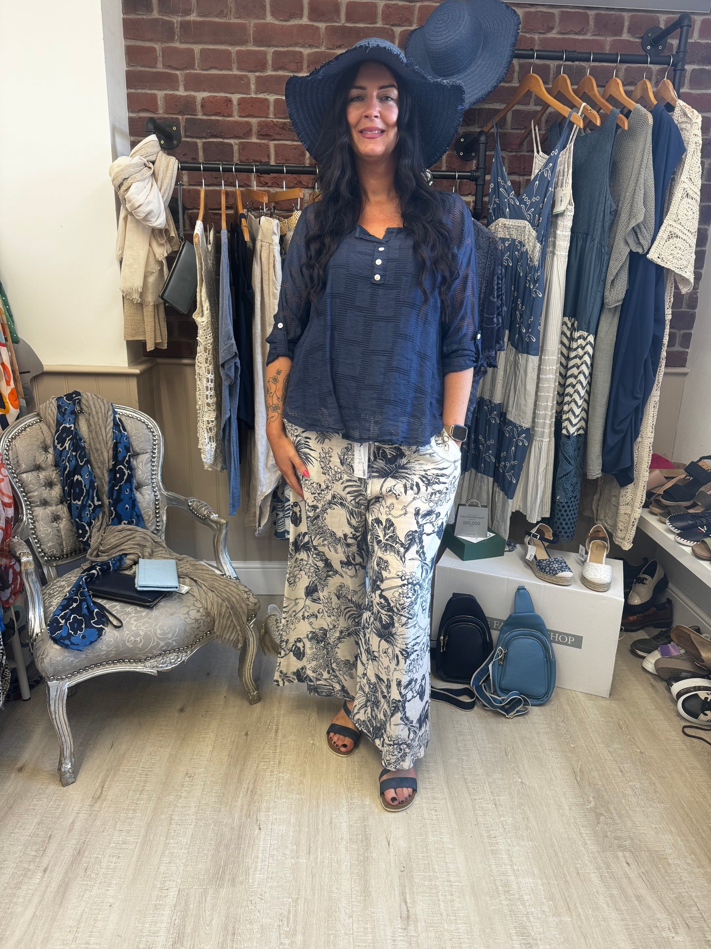 Navy and Cream Botanical print linen trousers 10-16