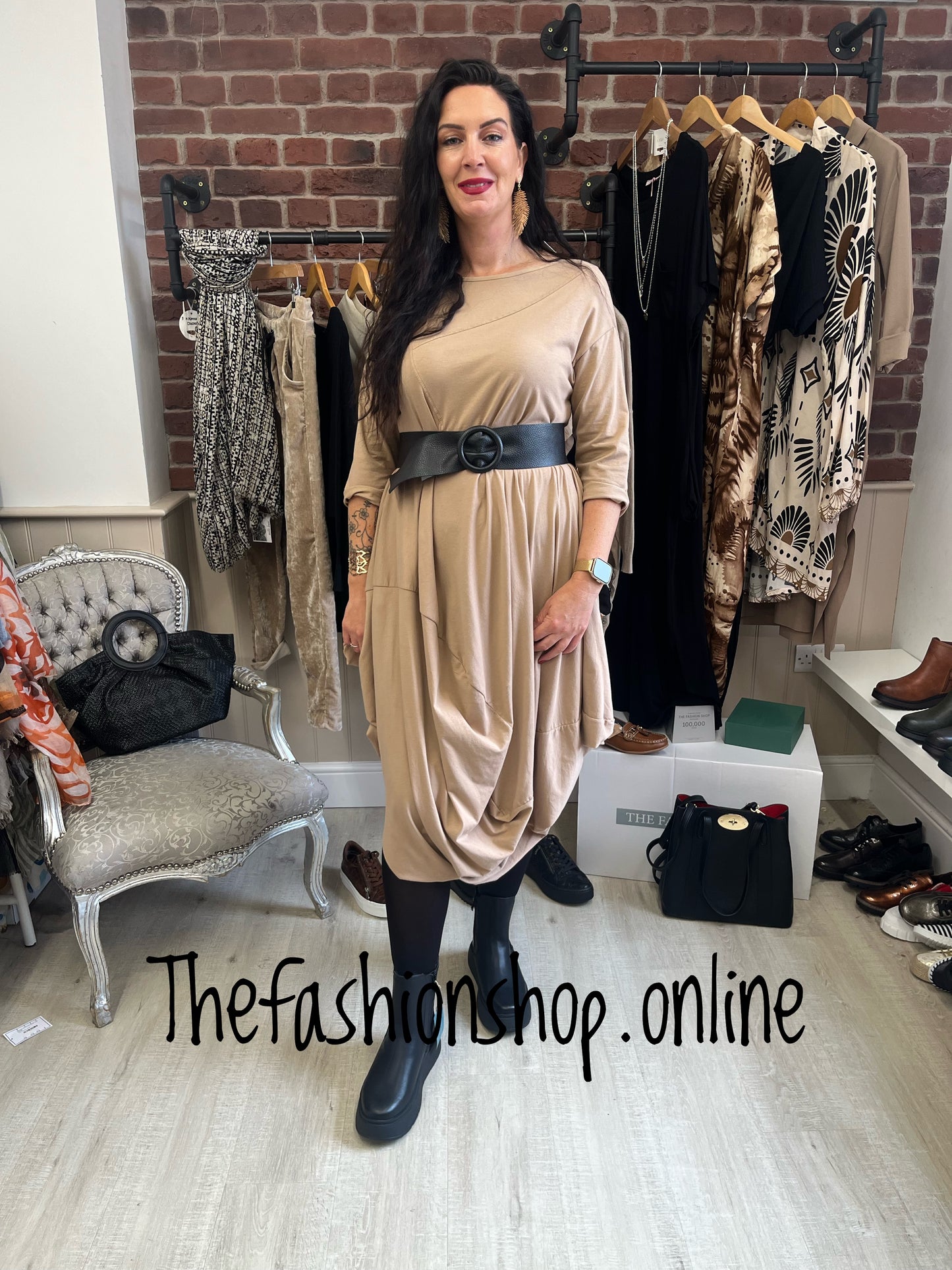 Camel draped 3/4 sleeve dress 10-16