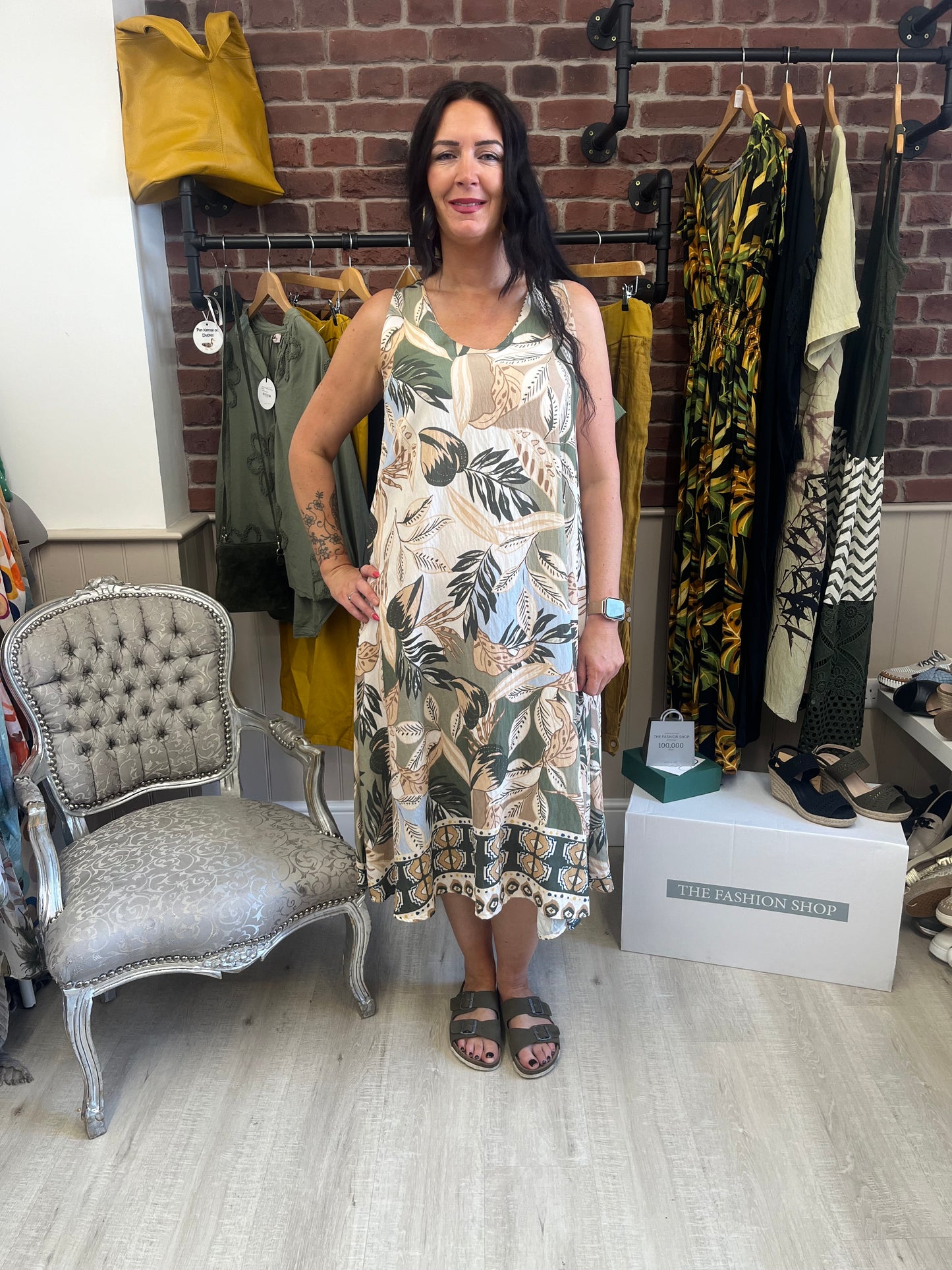 Khaki and beige tropical leaf print dress 8-14