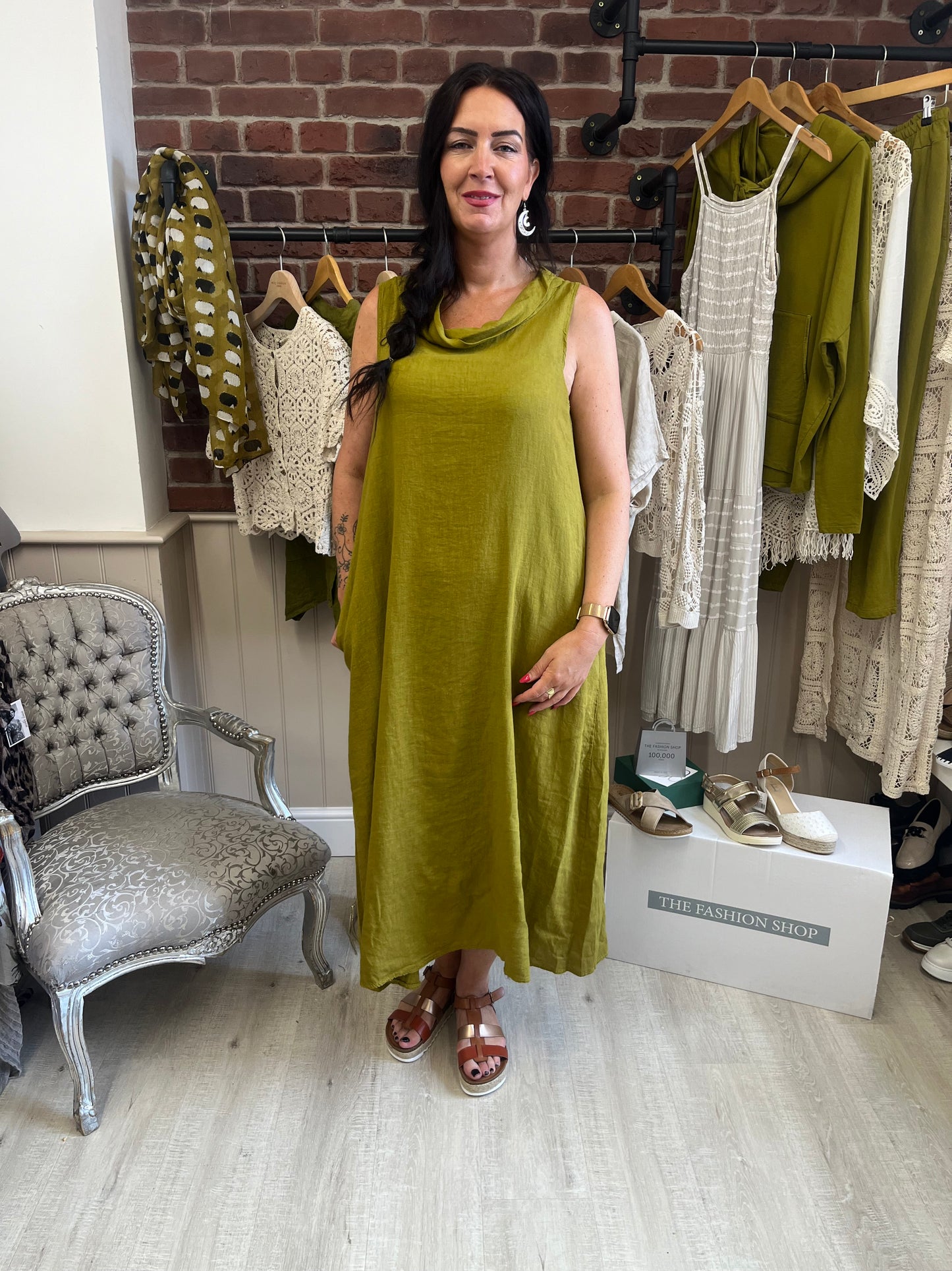 Olive linen mix roll neck dress 8-14