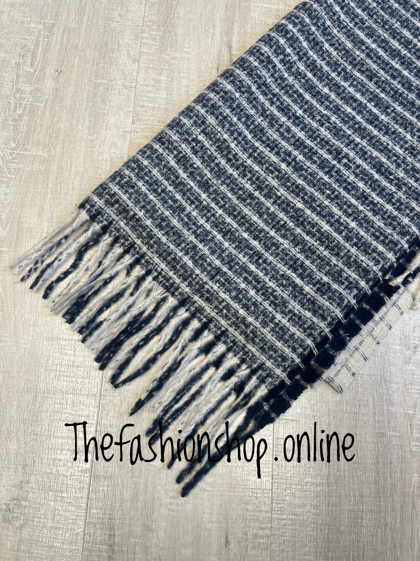 Sarah Tempest navy and cream tassel scarf