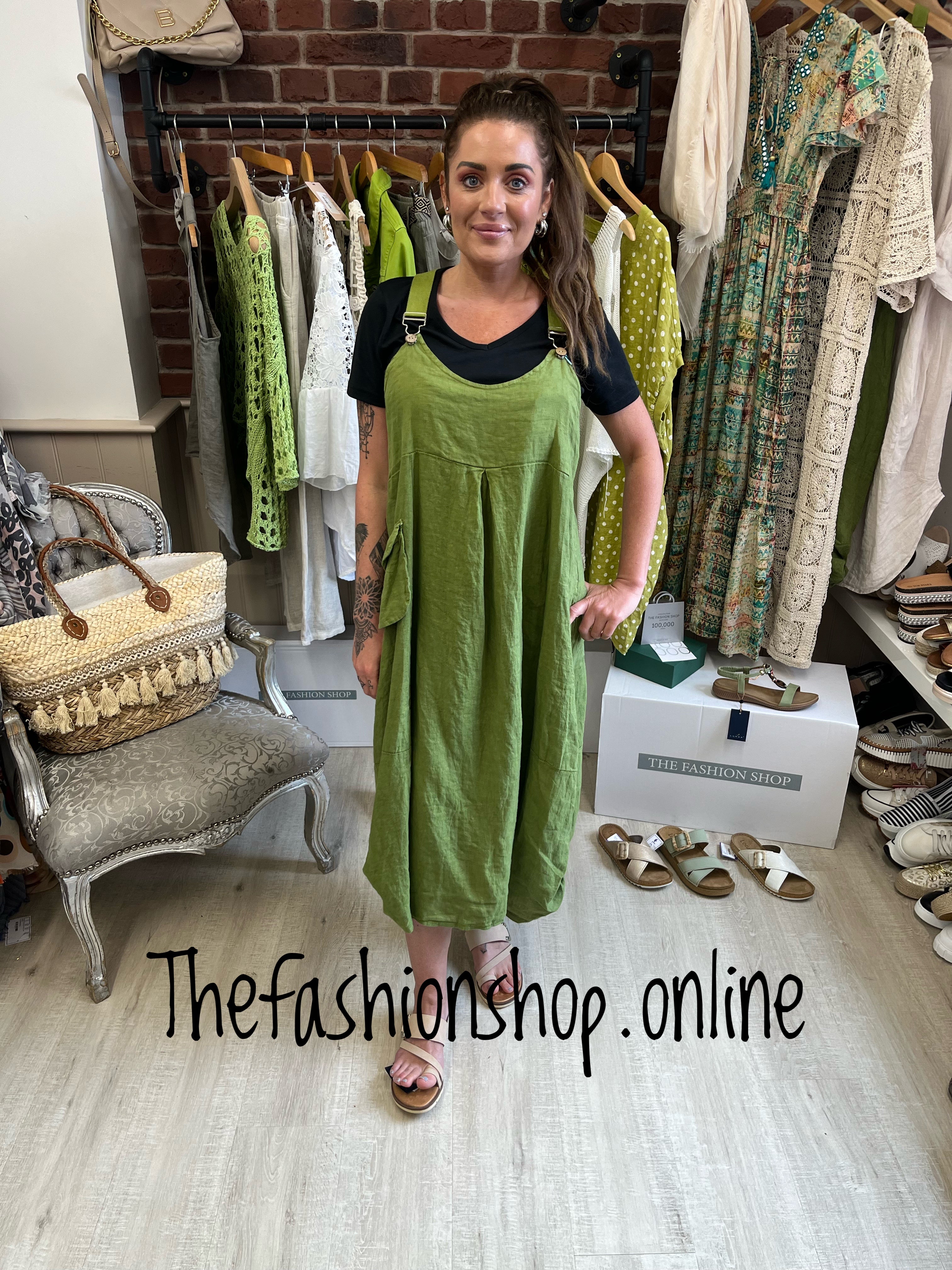 Lime linen funky pinafore dress 8 14 The Fashion Shop