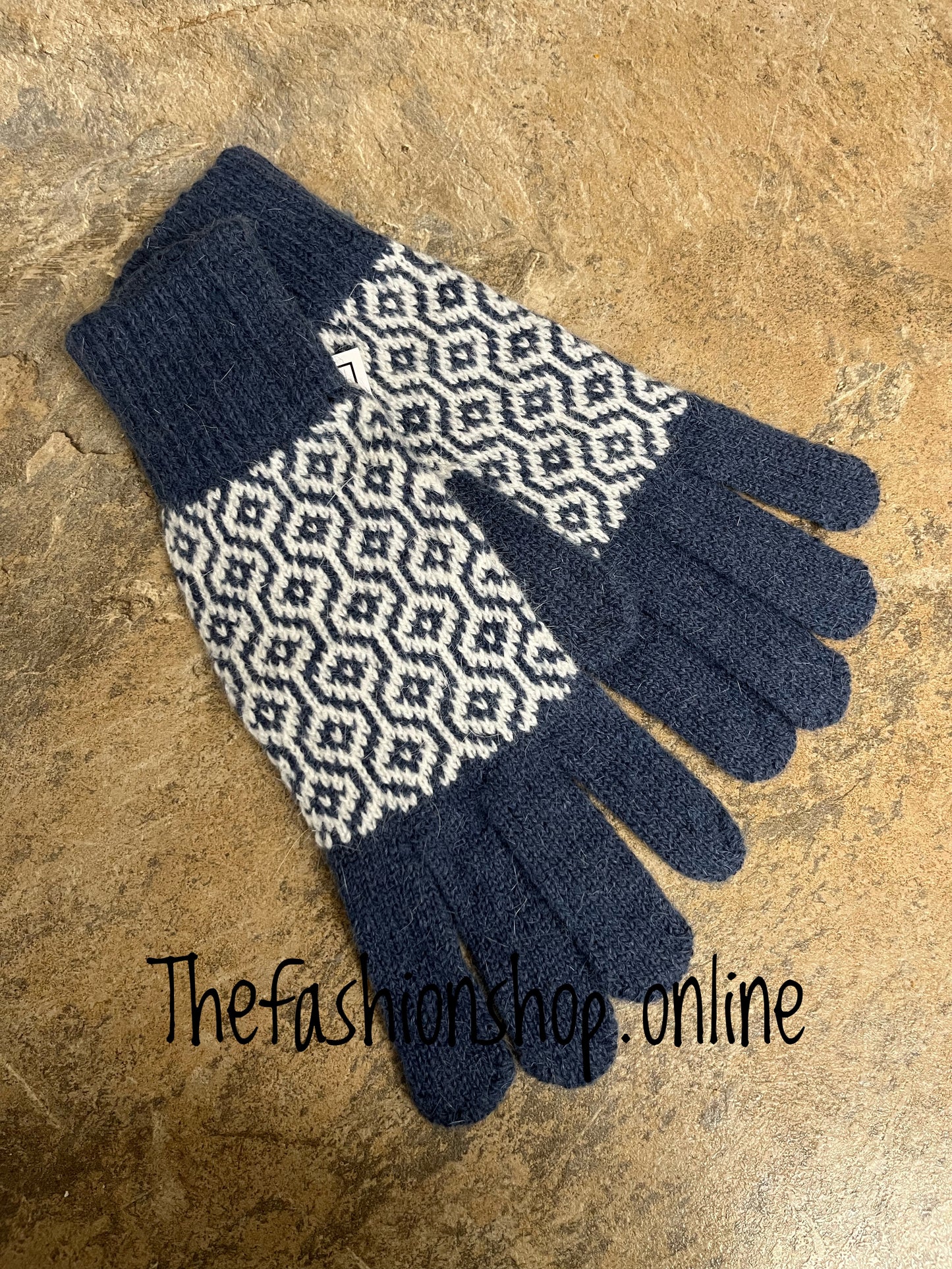 Denim blue honeycomb wool mix gloves