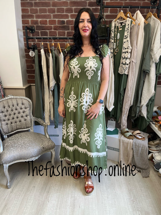 Khaki and cream boho maxi dress 8-18