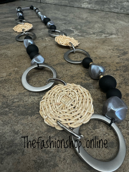 Black grey pearl and wicker statement necklace