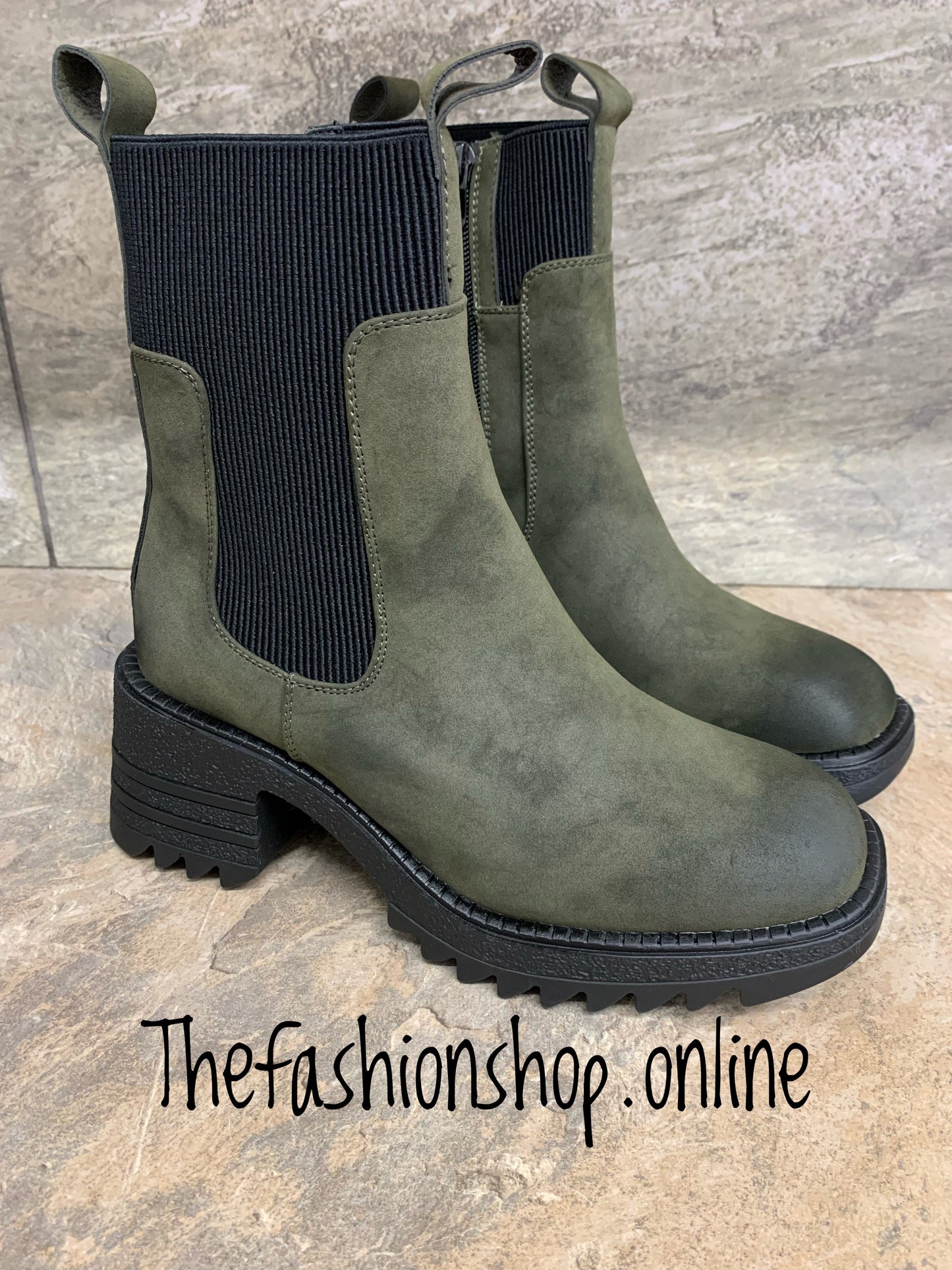 Khaki chunky Chelsea boot with zip sizes 3-8