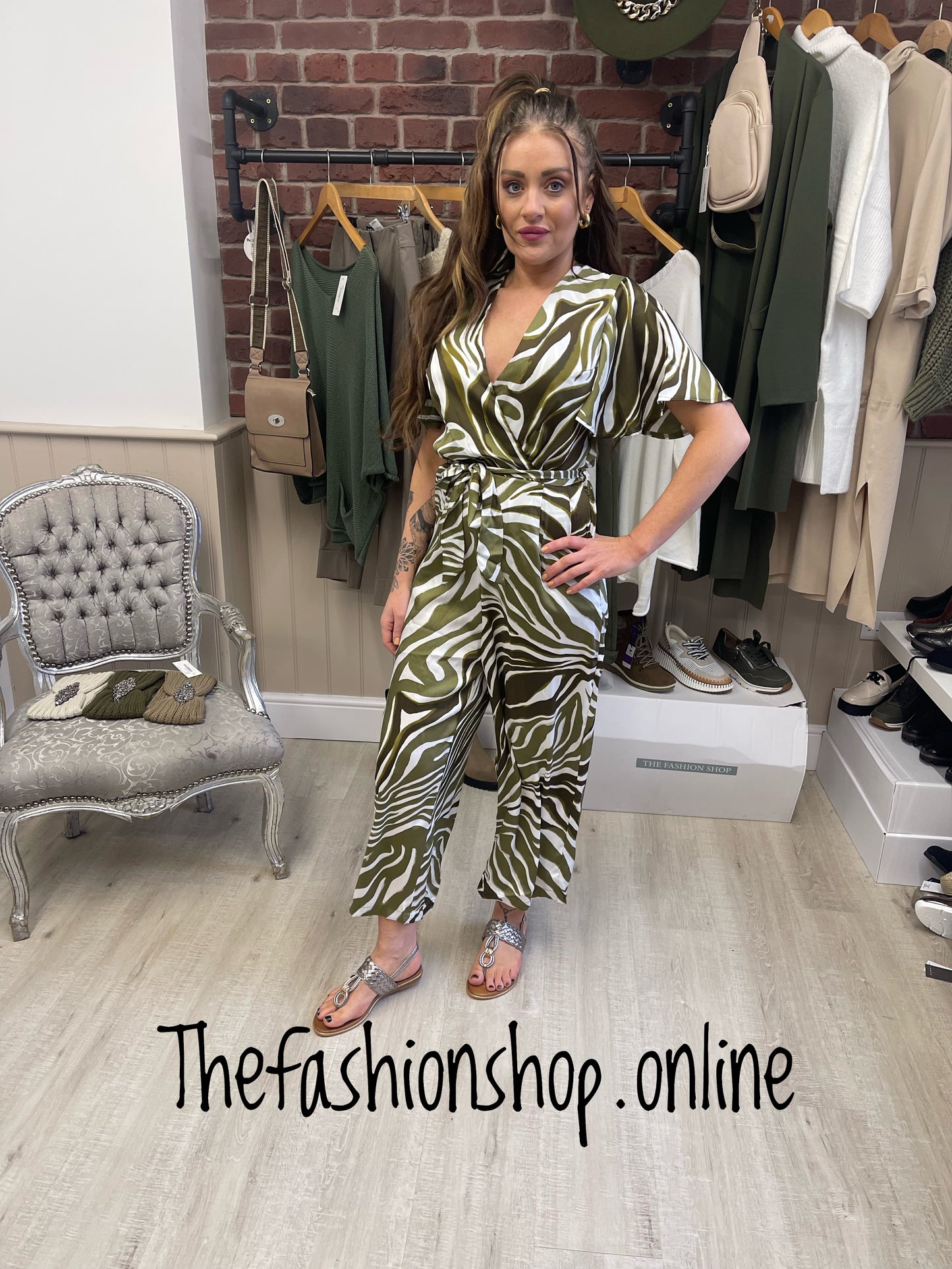 AX Paris Olive print tie waist jumpsuit sizes 8-16