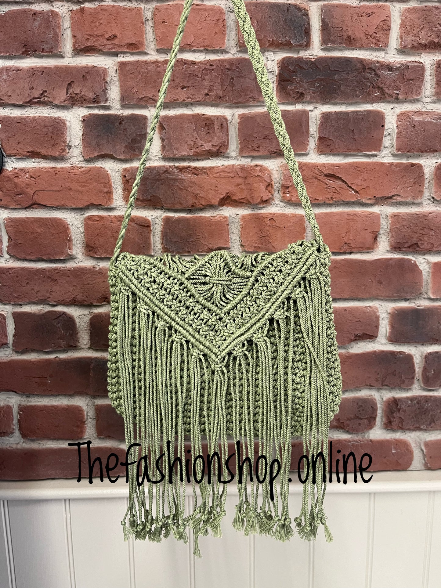 Khaki macrame tassel shoulder bag