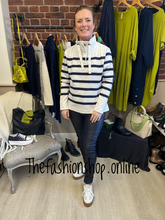 White with navy blue stripe jersey sweater top sizes 10-18