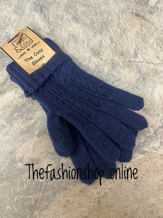 Navy fine cable knit gloves