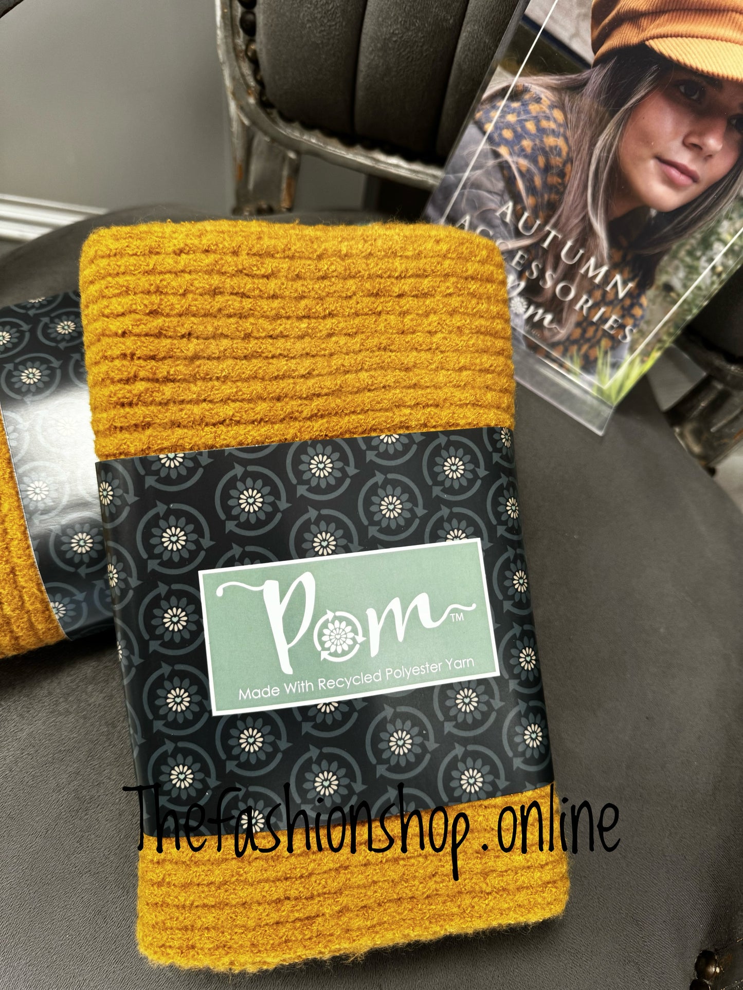 Pom mustard yarn knitted scarf