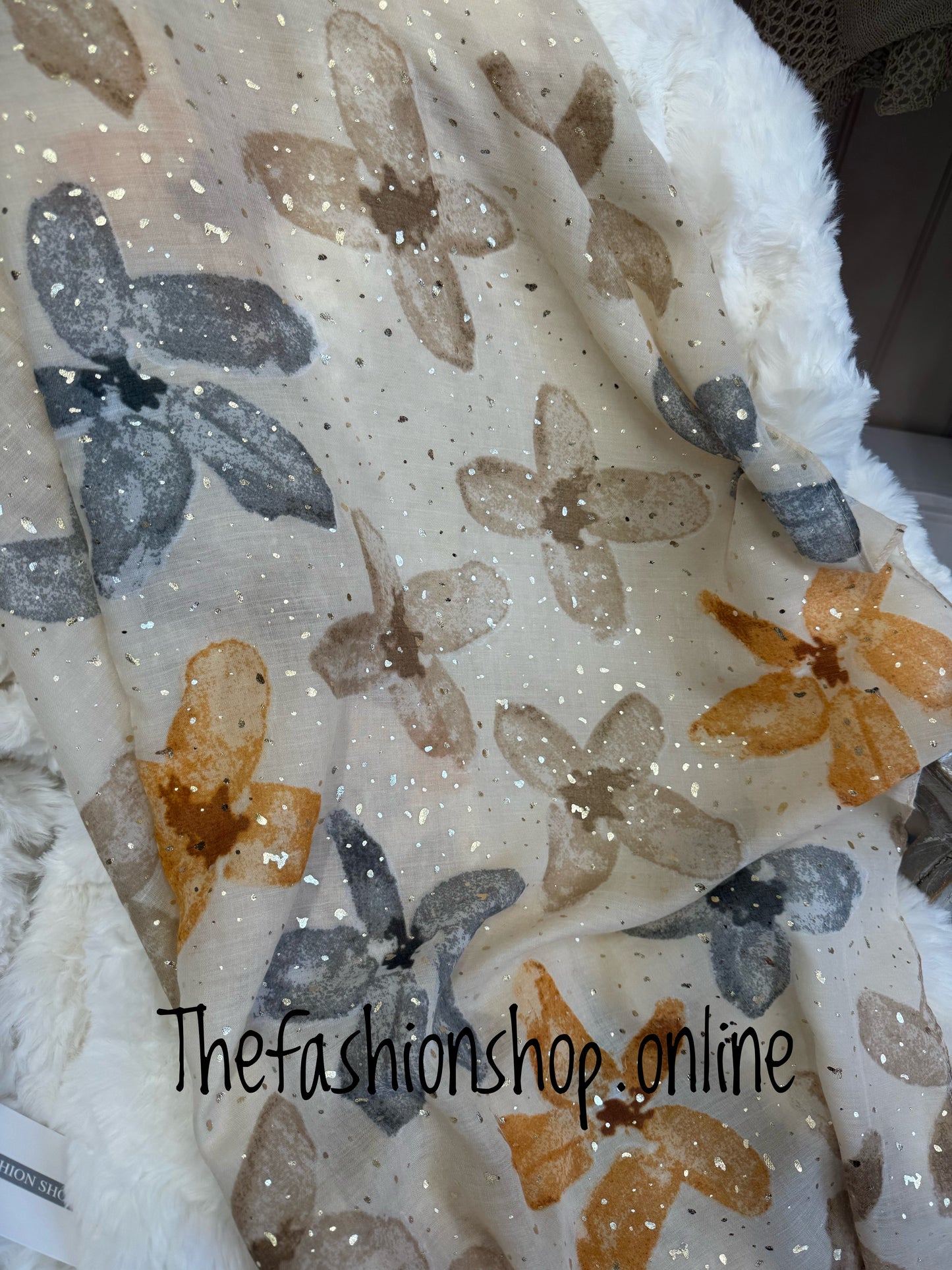 Neutral floral scarf with gold flecks