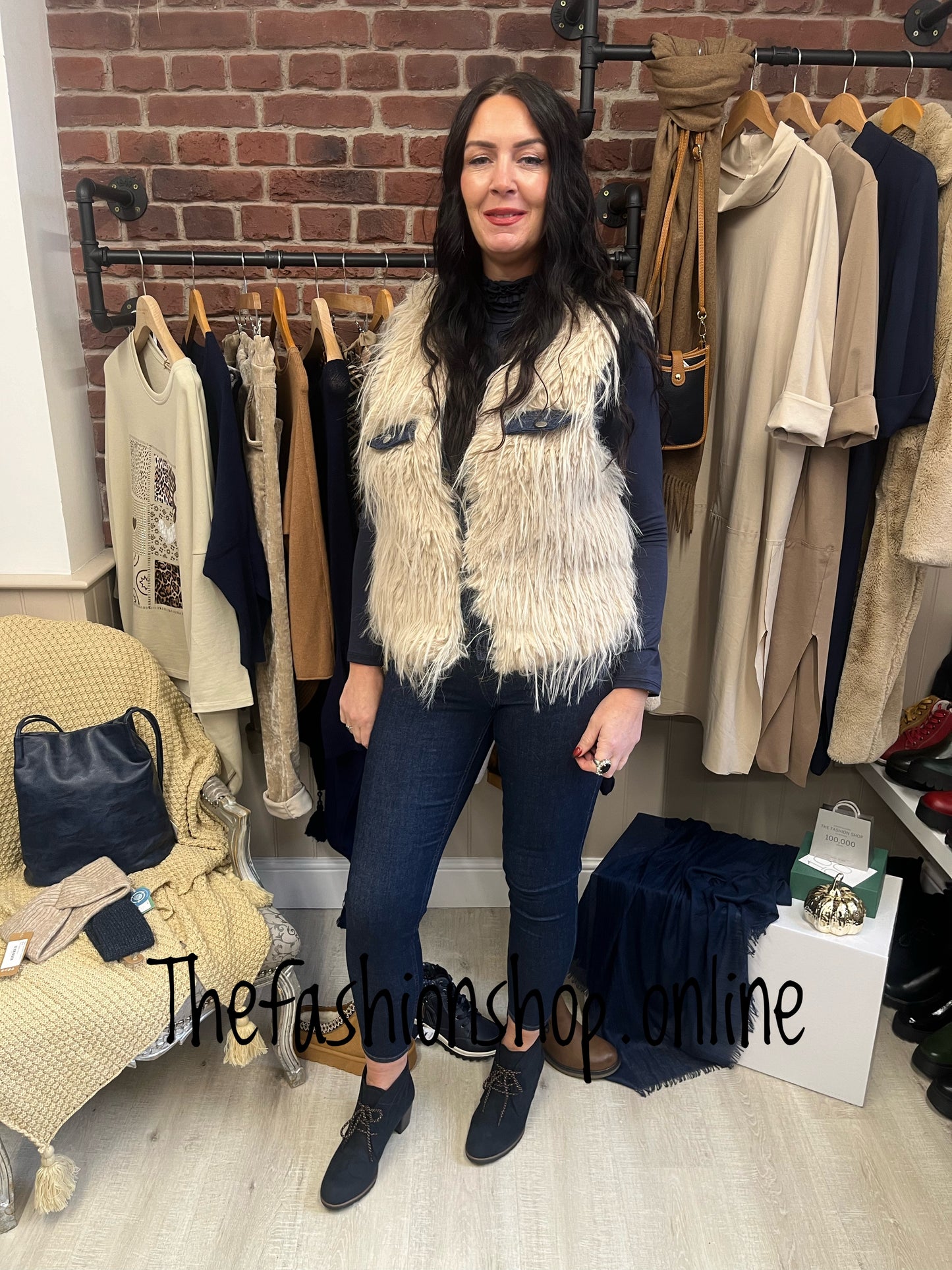 Sarah Tempest shaggy gilet with denim detail 8-14