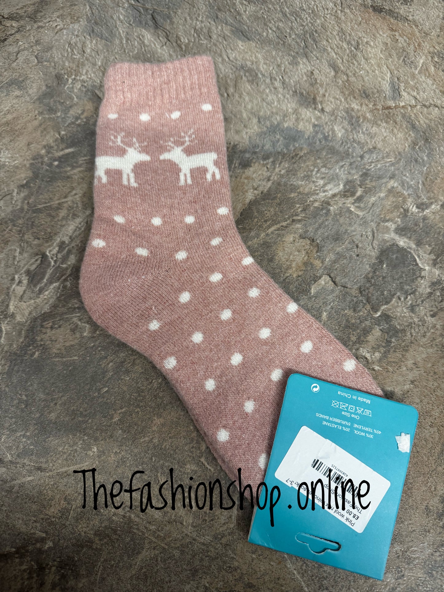 Pink wool mix reindeer socks 3-7