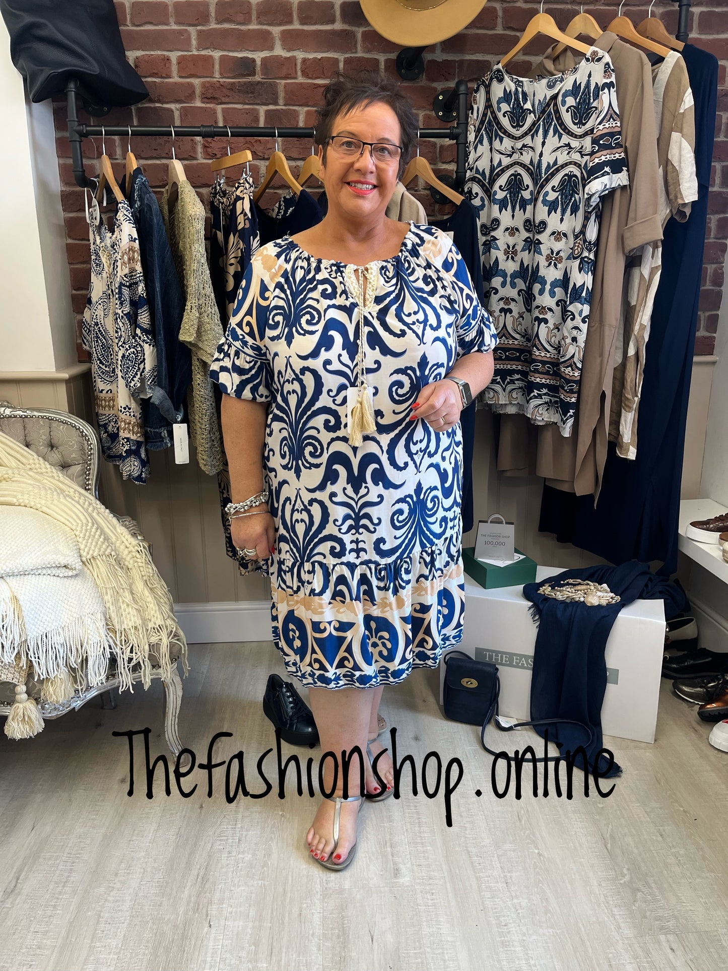 Navy and cream gypsy dress with border print 12-18