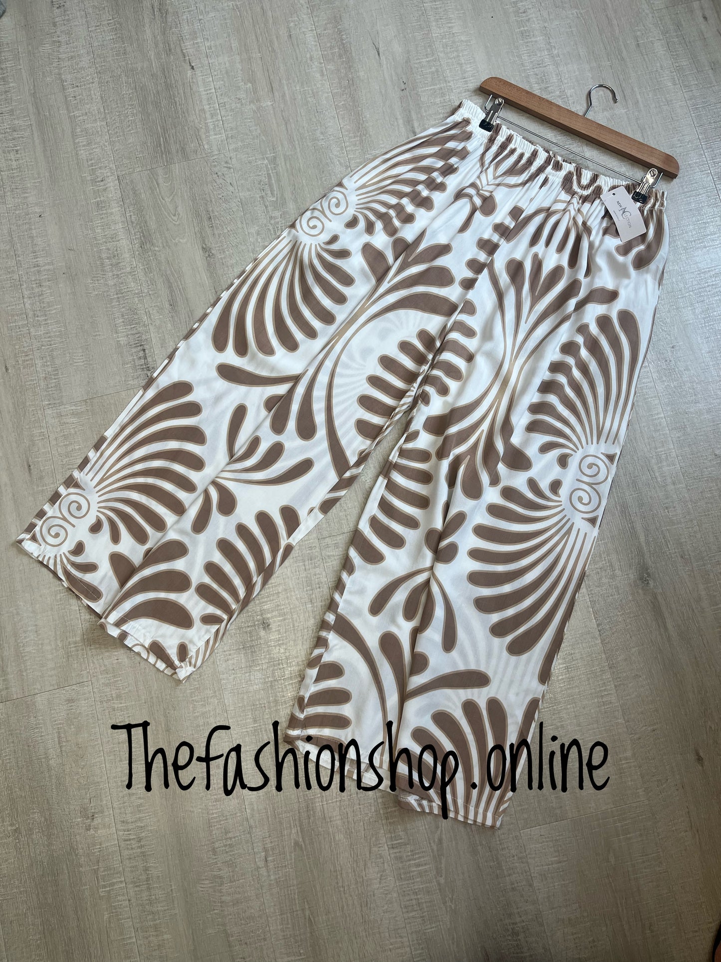 Beige palm print wide leg trousers 10-18