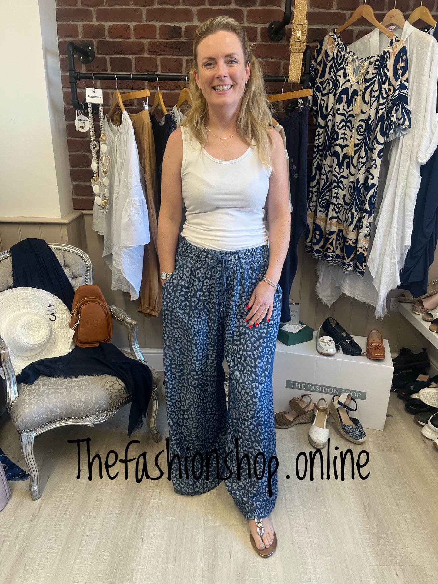 Denim blue leopard print chambray trousers 8-14