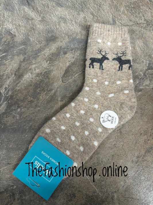 Beige wool mix reindeer socks 3-8