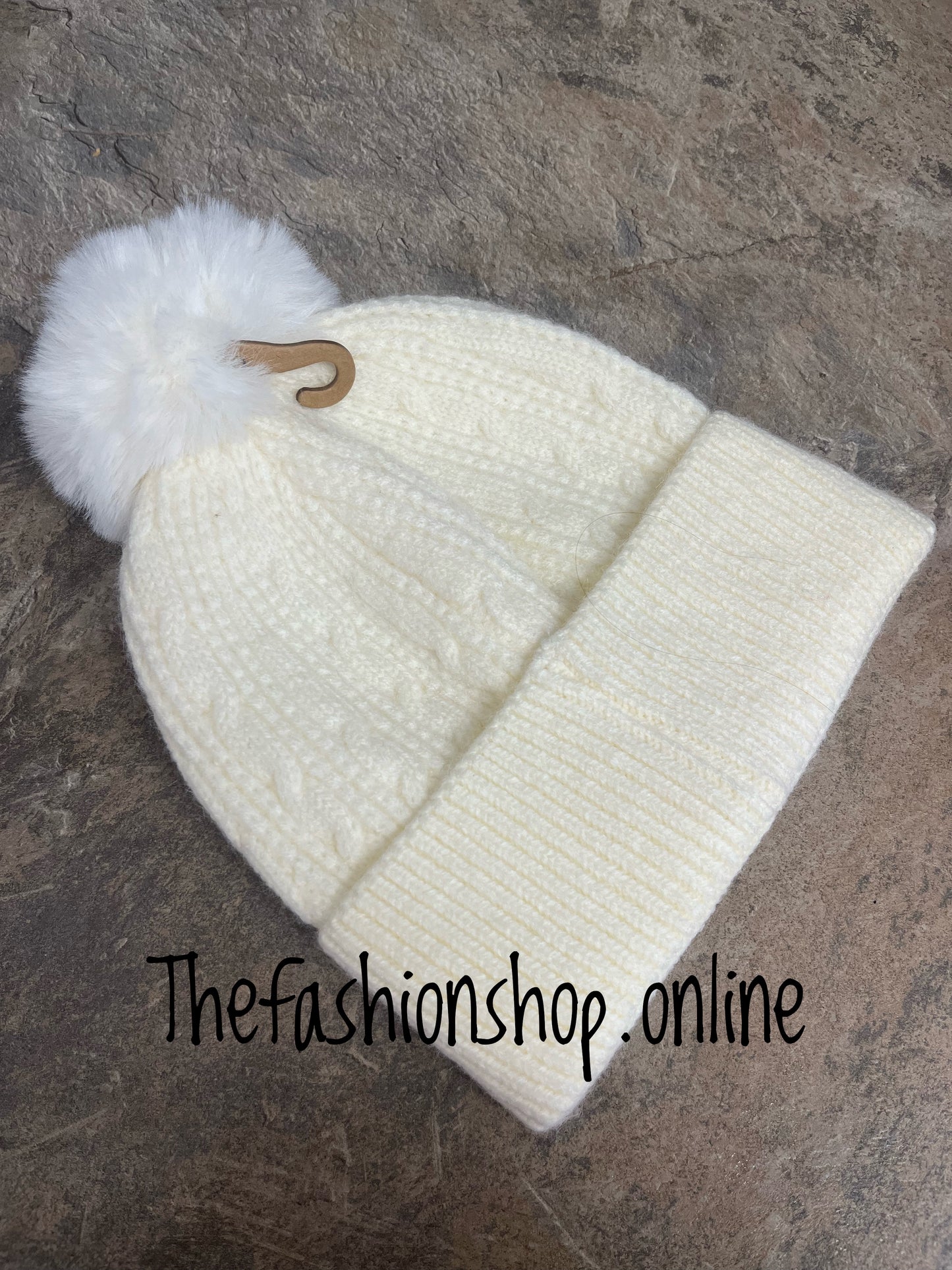 Cream fine cable knit pompom hat