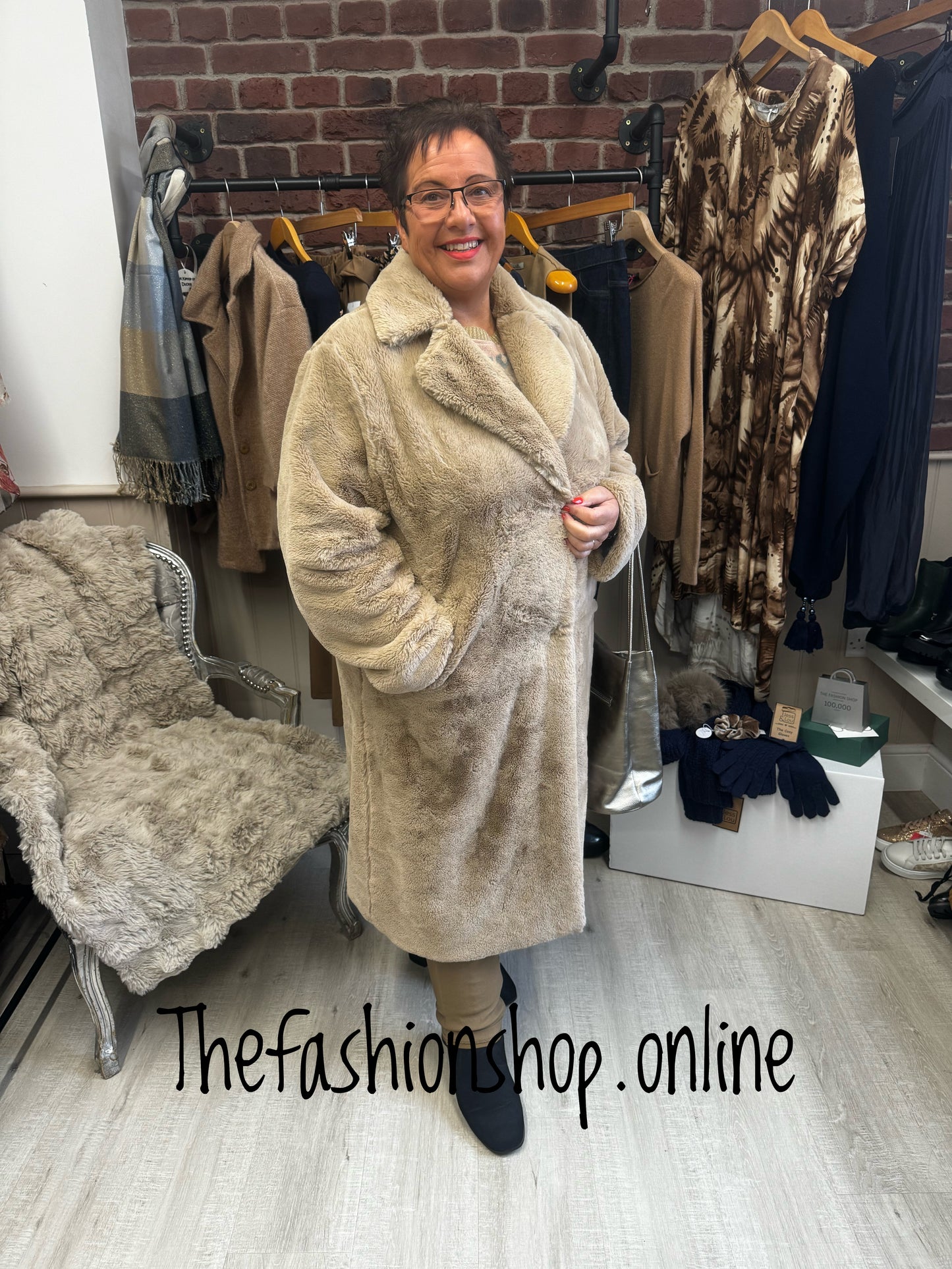 Beige long faux fur coat 10-22