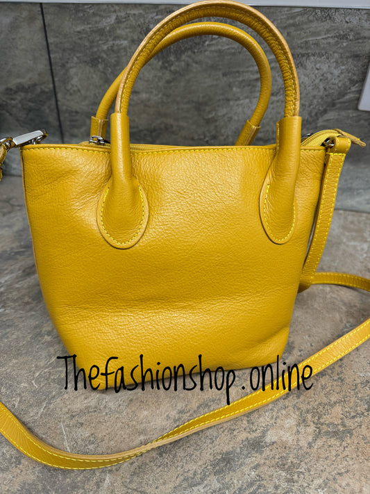 Mustard small leather bucket bag