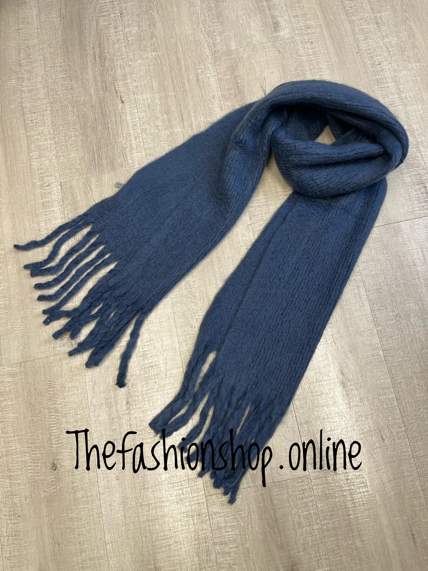 Denim blue soft knitted tassel scarf