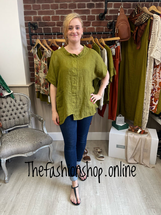 Olive linen roll neck top 12-16