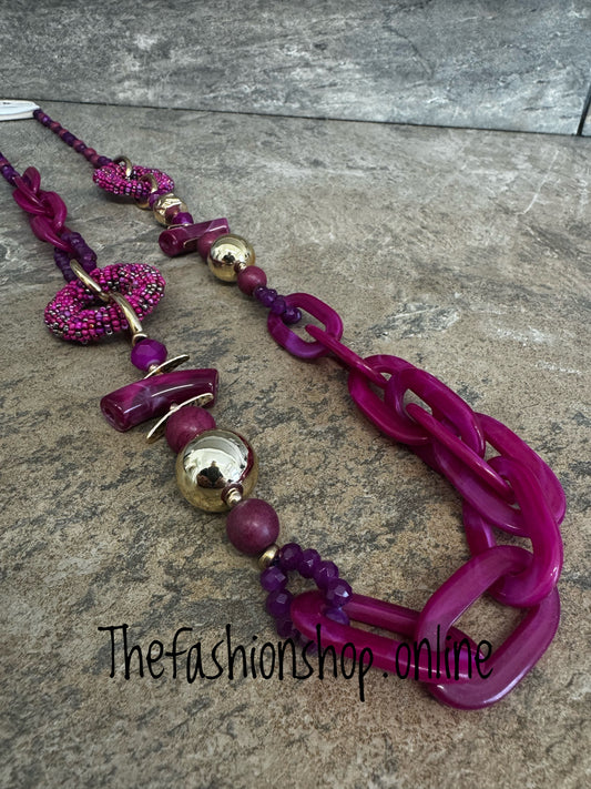 Magenta and gold chunky long necklace