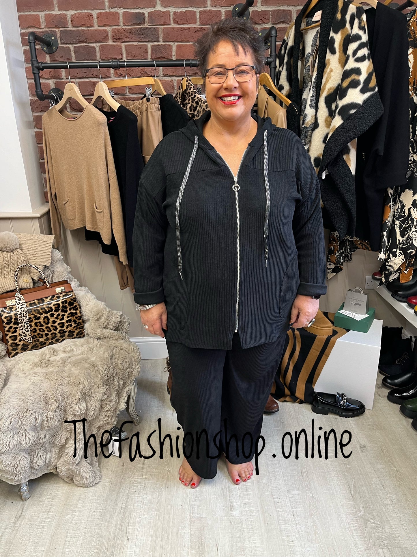 Black chenille hoodie and trouser lounge set 20-26